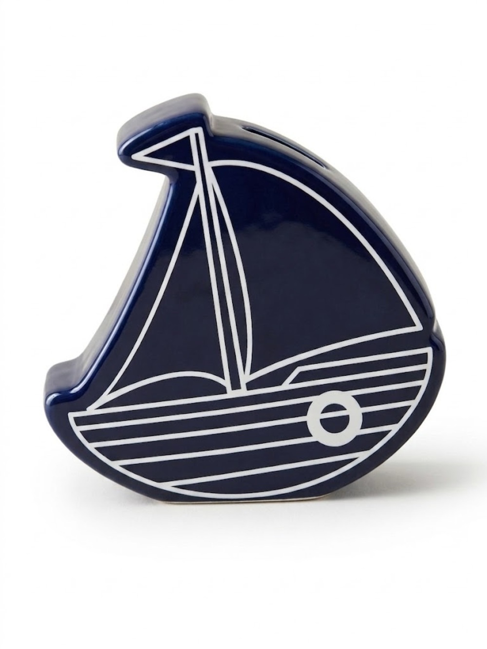 Blue & White Ceramic Sailboat Piggy Bank Nautical Ocean Decor Pottery Barn Style